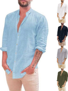 Mens Summer Casual Long Sleeve Cotton Linen Pure Color Shirt Stand Collar Open Cardigan Breathable Moisture Wicking Regular Fit