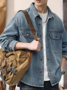 American Washed Retro Mens Denim Shirt Casual Jacket Outerwear Spring Autumn New Style Loose Fit Long Sleeve Sharp Collar