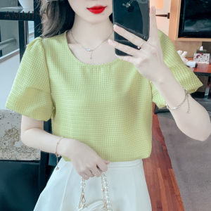 Ammin 2023 đơn giản Mới Mùa Hè cổ tròn thời trang duyên dáng Áo voan tay áo phồng phong cách Hàn Quốc họa tiết kẻ sọc Áo Blouse thanh lịch nữ