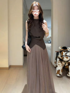 LIRENQING | Korean Style High Fashion Waist-tie Sleeveless Top and Midi Skirt Set