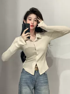 Grey Slim Fit Polo Neck Base Shirt Womens Spring Autumn New Style High Fashion Sensation Sweet And Spicy Style Top