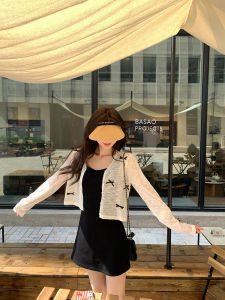 Chen DaYu Womens Thin Butterfly Knot Top Summer Tank Dress Outer Knitted Cardigan Ice Silk Sun Protection Coat Korean Style Loose Fit Long Sleeve V-Neck Short Length Button Detail