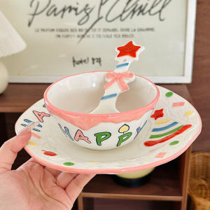 Cute Girl Heart Birthday Cake Rice Bowl Dish Plate Ceramic Underglaze Dessert Bowl Dish Tableware Set Home Use round Shape