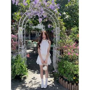 Váy Ngắn Không Tay Cổ Treo Mùa Hè Thanh Lịch Kiểu Pháp Váy Xòe Họa Tiết Chấm Bi Không Tay Váy Nữ Thanh Lịch Váy Ngắn