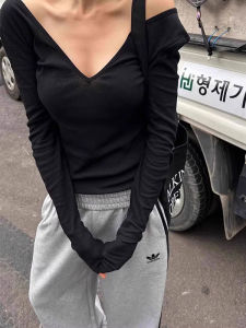 Black Deep V-Neck Backless Long Sleeve T-Shirt Womens Early Autumn Thin Inner Match Bone Exposure Design Sensual Base Shirt