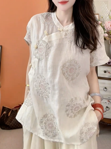 QINGNAER | Elegant Simple Style Floral Print Short Sleeve Shirt Blouse