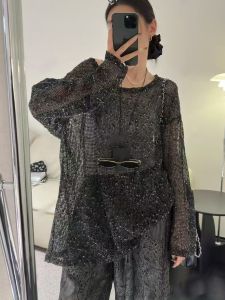 Tokyo Comfortable Knitted Hollow out T-Shirt Early Autumn New Style Black/White Two Colors Commute Korean Version Silk Top