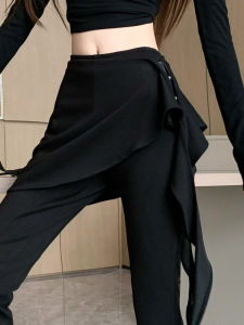 กางเกงขายาวทรงหลวมเอวสูงสำหรับผู้หญิง กางเกงขายาวทรงหลวมสีดำ ดีไซน์ฤดูใบไม้ร่วง ดีไซน์แยกชิ้นสองชิ้นปลอม กระโปรงทรงเอ