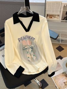 Áo Thun Tay Dài Cổ Polo Phong Cách Hàn Quốc Mùa Thu Thường Ngày Rộng Rãi Thoải Mái in Họa Tiết Thời Trang Nữ