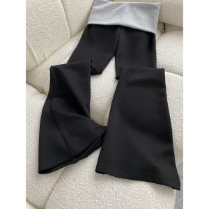 กางเกงขายาวทรงหลวมเอวต่ำสีดำ ทรงสลิมฟิต กางเกงขายาวทรงขาบานสั้นสำหรับผู้หญิง สไตล์เกาหลี กางเกงขายาวทรงสลิมฟิตสำหรับผู้หญิง