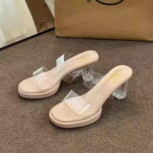 Transparent Crystal Heels Womens Summer New Style Outdoor Wear Thick Heel Slippers Korean Version mid Heel Party Shoes