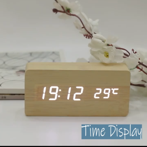 Digital Wooden Voice Control LED Alarm Clock Bedside Clock with Calendar Thermometer Jam Loceng LED