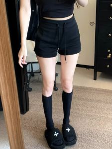 Quần Short Thể Thao Thường Ngày Màu Đen Cạp Cao Bằng Cotton Nguyên Chất Cho Nữ Mùa Hè Quần Bó Sát Gợi Cảm Quần Bó Ba Điểm