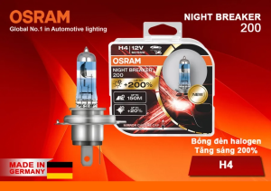Combo 2 Bóng Đèn Pha/Cos Halogen Tăng Sáng 200% OSRAM Night Breaker Dùng Cho Xe Ô Tô Xe Hơi Xe Máy Chân H4 12V 60/55 64193NB200 - 3900K 1650/1000LM Thủy tinh