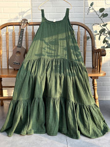 Spring Autumn Cotton Maxi Dress Womens Retro Artistic Travel Style High Waist Bell Sleeveless round Neck Gown Ultra Soft Pure Cotton