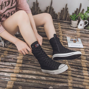 New Style Mid-Calf Canvas Shoes Fashionable Womens Zipper Boots High-Top Casual Large Size Small White Knee High Sports Gaobang Internet Fashion