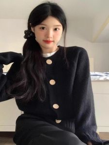 เสื้อคาร์ดิแกนถักสีดำสำหรับผู้หญิง ทรงหลวม สไตล์ลำลอง ฤดูใบไม้ร่วง/ฤดูหนาว เสื้อคลุมกันหนาวแบบสวมหัว แฟชั่นสตรีท