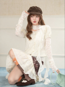 loveheynew | Áo Blouse Knit Màu Đào Dày Cổ Rộng Tay Bồng Ngắn