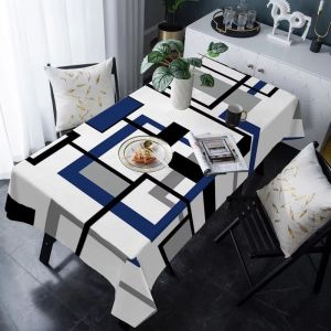 VIKAMA Modern Geometric Tablecloth Blue Black Gray Block Print Rectangle Table Cover Dining Room Home Decor