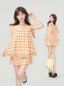 KEIKO | Vibrant Dopamine Outfit Summer Orange Checkered Camisole & A-Line Skirt Set