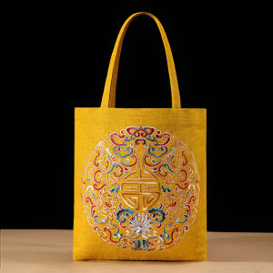 New Chinese Style Embroidered Canvas Tote Bag Large Capacity Outdoor Single Shoulder Bag Womens Tote Storage Bag