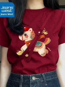 Jeanswest | Red Short Sleeve Womens T-Shirt Pure Cotton Breathable Autumn and Winter New