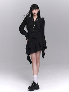 Ghost Girl Early Autumn Korean Style Shirt And Skirt Set Black Womens Cold Tone High End Feeling Blouse Half-length Skirt