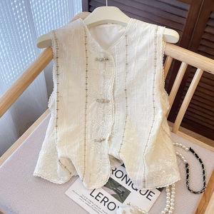 PAIBOLI | New Chinese Style National Trend Vest Retro Button Embroidery Shoulder Pad Vest Lace Sleeveless Top Outerwear Base Shirt