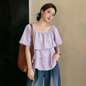 AIYITI | French Style Purple Collared Loose Short Sleeve Chiffon Blouse