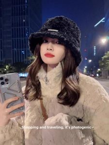 Pure Color Plush Fisherman Hat Womens Winter Heattech Face-Looking Small Furry Soft Glutinous Bucket Hat Bucket Hat Easiest for Match Big Head Circumference