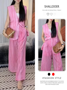 Shalldoer | Pink Fashionable Womens Summer Suit Two-Piece Set Wide Leg Pants Vest Whole Ensemble Elegant Quality Workwear V-Neck Button-Up