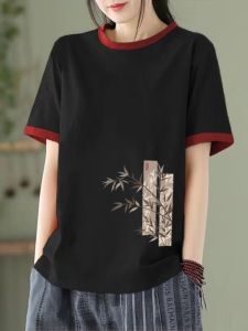 Pure Cotton Short Sleeve T-Shirt Womens Casual Style Color Block Slimming Top Summer Fashionable Chinese Artistic Design