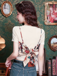 Chic Butterfly Knot Short Sleeve T-Shirt Womens Summer Fashion Print Halter Neck Top Korean Style Slim Fit Commute Element