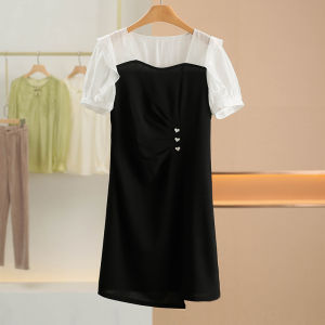 Váy Midi Cổ Vuông Đính Ngọc Trai Xking Mùa Hè 2025 Váy Nữ Thanh Lịch Bằng Polyester Dài Tay Ngắn Kiểu Dáng Đơn Giản