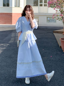 YINLUOYA | Summer Beautiful Bubble Sleeve Top and Half Skirt Set Casual Korean Style Fashionable Two-Piece Ensemble V-Neck Seven-Length Sleeve
