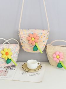 Fashionable Korean Style Childrens Coin Purse Woven Flower Grass Mini Bag Girls Crossbody Beach Bag Trendy Cotton Shoulder Bag