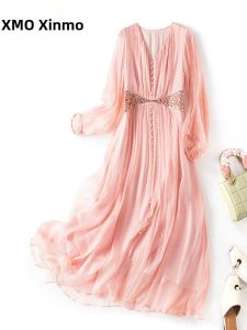 XMO | Elegant V-Neck Slimming Silk Dress A-Line