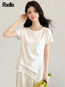 puella | Korean Design Asymmetric Hem Lace Stitching Short Sleeve T-Shirt