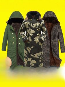 Thickened Camouflage Cotton Jacket Military Green Mens Winter Coat Long Style Workwear Waterproof Fleece Lined Double Breasted