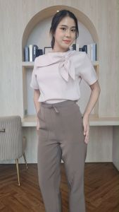 E12 เสื้อทํางานผู้หญิง แขนสั้น แต่งโบว์ผูก สไตล์มินิมอล ทรงน่ารักมาก Easter Egg