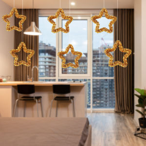 เครื่องประดับแบบแขวนดาวห้าแฉกของประดับตกแต่งหน้าร้านของประดับตกแต่งฉากกิจกรรมเปิดกิจการเครื่องประดับรูปดาวสีทองและสีเงินสีแดงสําหรับเทศกาลคริสต์มาส