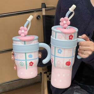 Large Capacity Insulated Water Bottle Straw Cup Cute Cartoon Design Office Coffee Cup Double Sided Drinking for Women