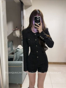 French Style Long Sleeve Black One Piece Suit for Women Autumn Season Slimming Pants Ensemble Fashionable And Elegant