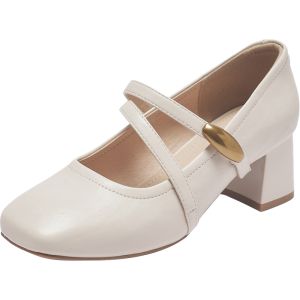 Agsdon | Thick Sole Mary Jane Style French Thick Heel White Leather Shoes