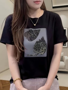 Ice Silk Short Sleeve T-Shirt Womens Fashionable Summer Slimming Loose Printed Rhinestone Top Korean Style round Neck