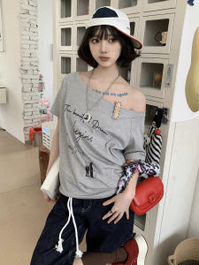 Retro Letter Print One Shoulder Casual Loose Slimming Short Sleeve Womens T-shirt Summer New Style Simple Fashion Top