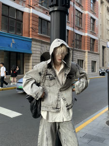 American Style Vintage Decomposed Zipper Hooded Denim Jacket And Pants Set Loose Fit Youthful Trend for Men Autumn Winter