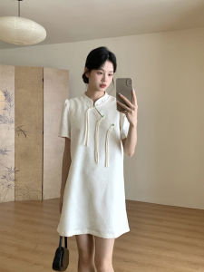 New Chinese Style Embroidered Button Dress Womens Fashionable Summer Elegant Modified Qipao Skirt Loose Waist Bubble Sleeve