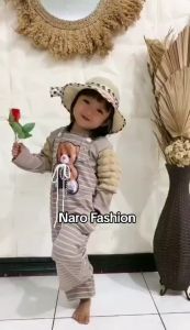 Setelan Jumpsuit Anak Perempuan 2In1 Stripe Bear Caramel Knit Hornet Mix Bubble /Set Baju Kodok Anak Lengan Panjang Usia / Setelan  Anak Cewek Cute Kekinian Terbaru Usia 3-10 Tahun