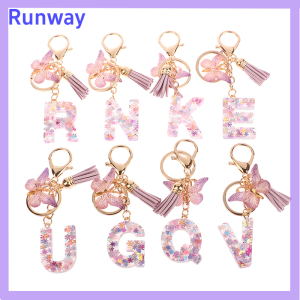 RunwayRendezvous A-Z Dreamy Sequin Letters Keychain For Women Tassel Butterfly Pendant Initial Keyring Purse Suspension Bags Charms Car Key Chain